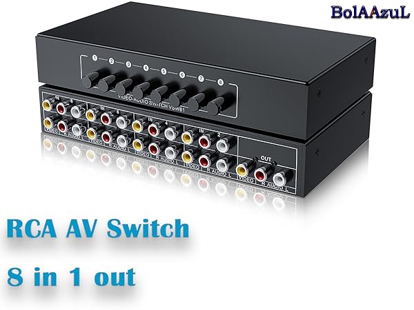 8 In 1 Out RCA switch box lets you connect eight composite video and stereo audio sources