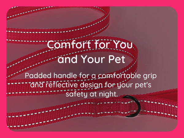 Close-up of red pet leash with padded handle and reflective stitching, product text highlighting comfort and safety features.