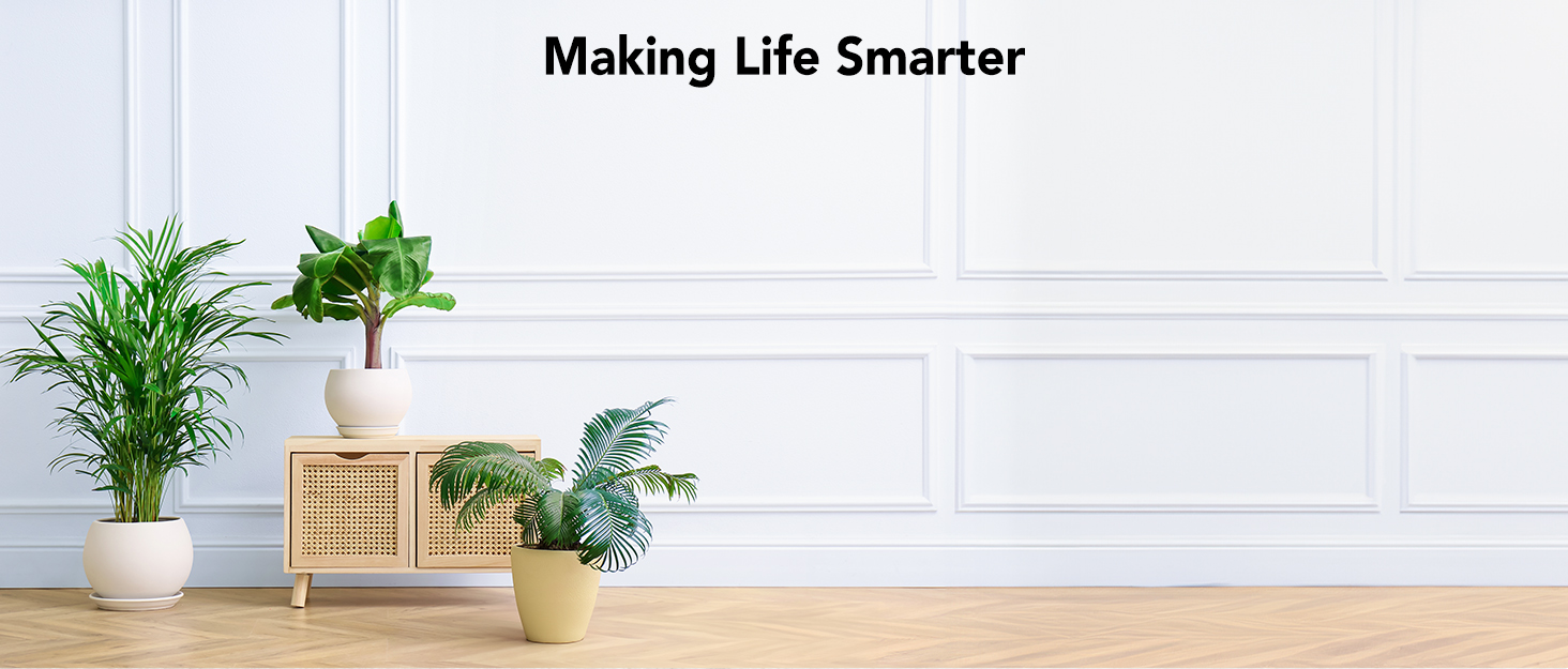 Interior scene with various potted plants on a wooden stand and floor, against a white wall with wainscoting. Text reads 'Making Life Smarter'.