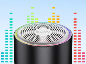 Black cylindrical speaker with circular metallic grille top and colorful audio equalizer visualization behind, displaying multicolored vertical bars on gradient background.