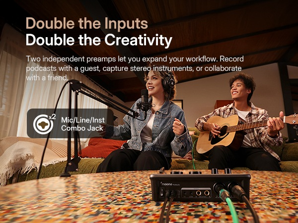 Two creators collaborating recording podcast and guitar music with Maono P2