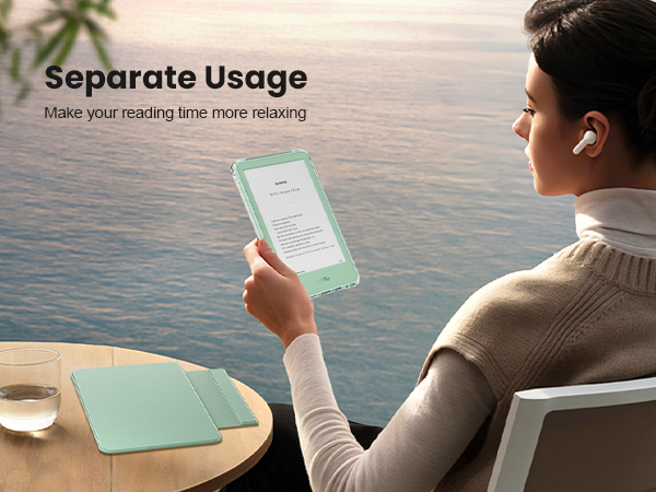 Text reads 'Separate Usage' and 'Make your reading time more relaxing.' Person shown using a mint green e-reader device while seated at wooden table near water.
