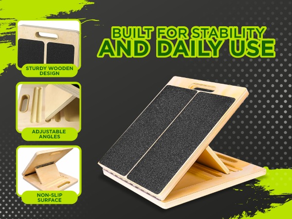 Slant board for squats and calf stretches to improve lower body flexibility.