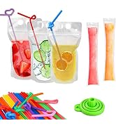 Ucio 100 Pcs Drink Pouches with 100 Straws, Juice Pouches with 30Pcs Disposable Freezable Ice Pop...