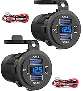 12V USB Outlet, Dual USB Quick Charge 3.0 Port &amp; PD USB C Car Charger Socket with Voltmeter and P...