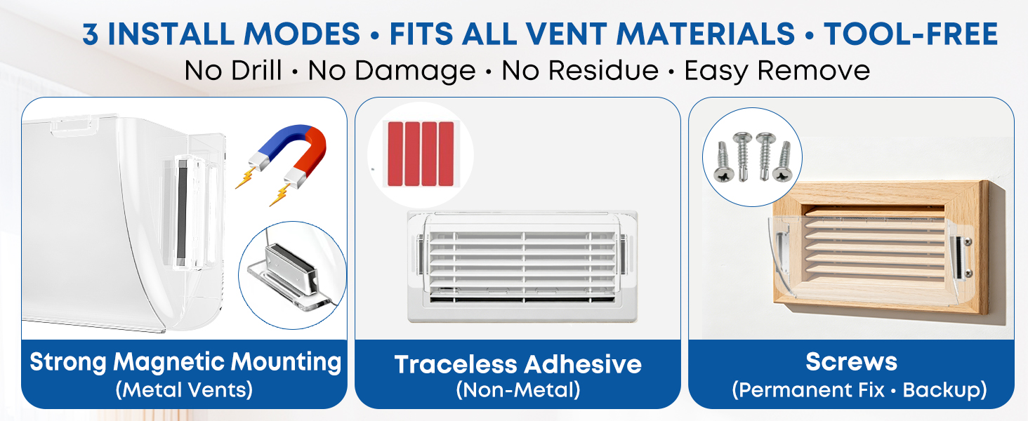 3 install modes, tool-free. No drill, no damage. Fits any vent.