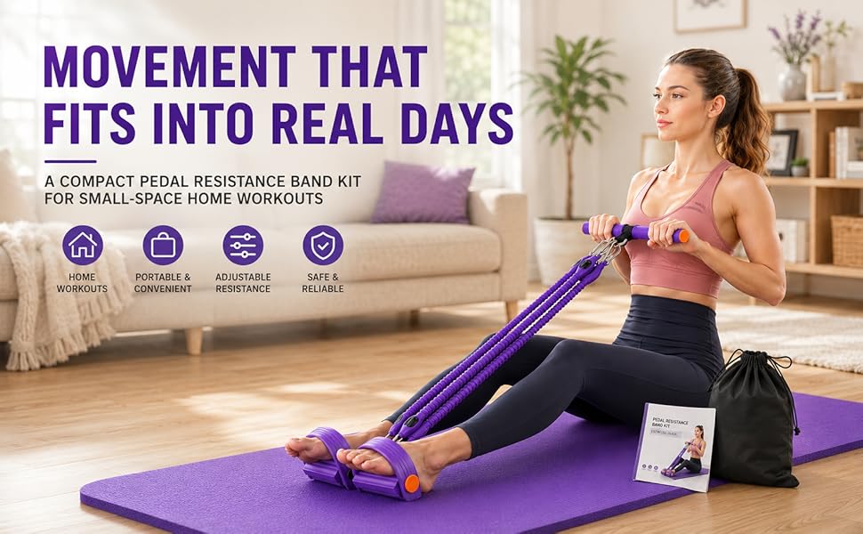 Purple foot pedal resistance band set with four detachable resistance tubes
