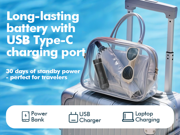 Text reads 'Long-lasting', 'USB Type-C', 'Portable shell brush'. Product shows a portable hair brush with charging capabilities and icons indicating power bank and laptop charging features.