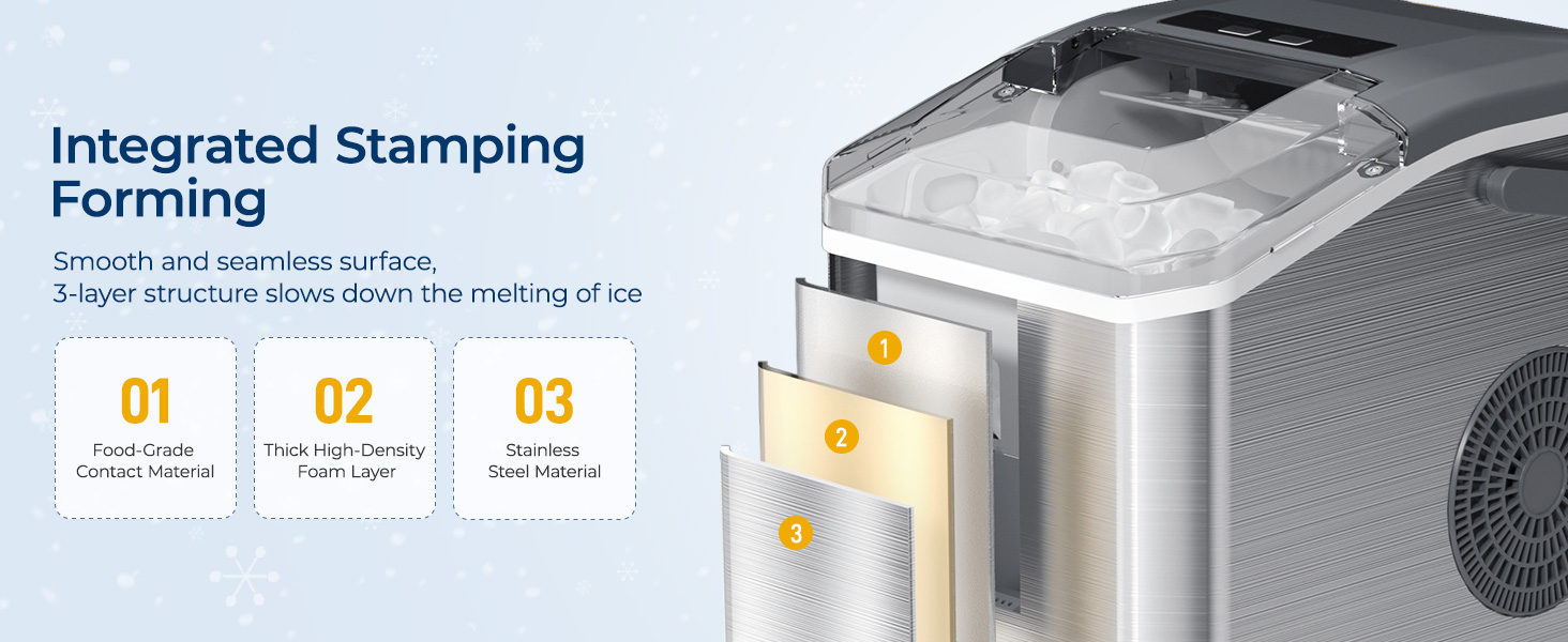 Countertop Ice Machine adopts one-piece stamping process, Smooth metal surface