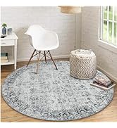 LIVEBOX Oriental Grey Round Rug 4ft - Retro Circle Rug for Bedroom, Vintage Carpets Print Distres...