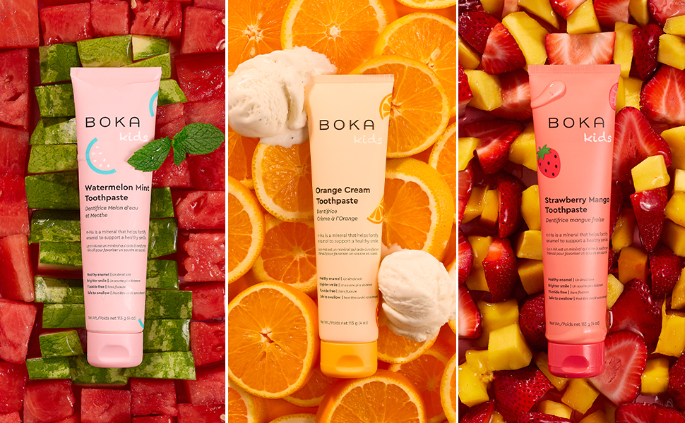 Boka kids toothpaste watermelon min, orange cream and strawberry mango flavors