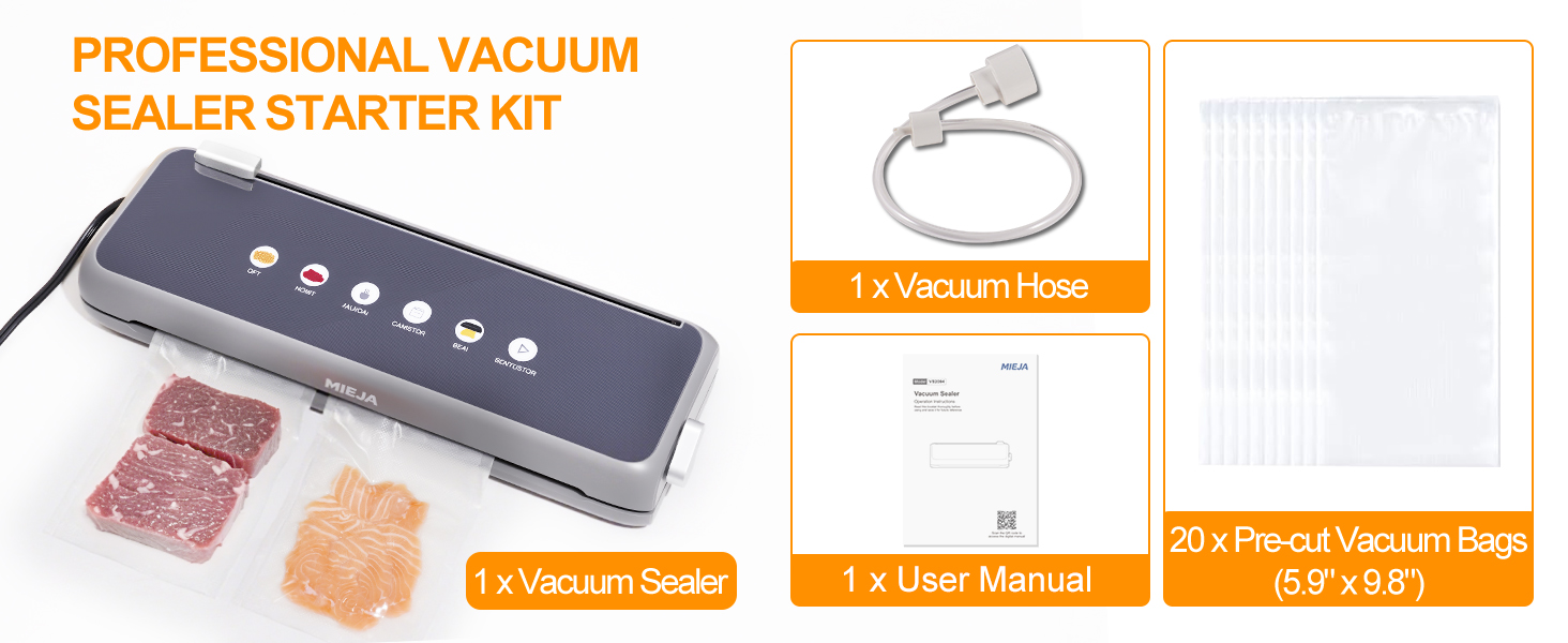 Includes 20 vacuum bags, hose and user manual. Everything you need to start sealing right away.