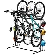 OYEAL Bike Rack Garage Floor 4 Bike Storage Stand with 6 Hooks, Indoor Vertical Bicycle Organizer...