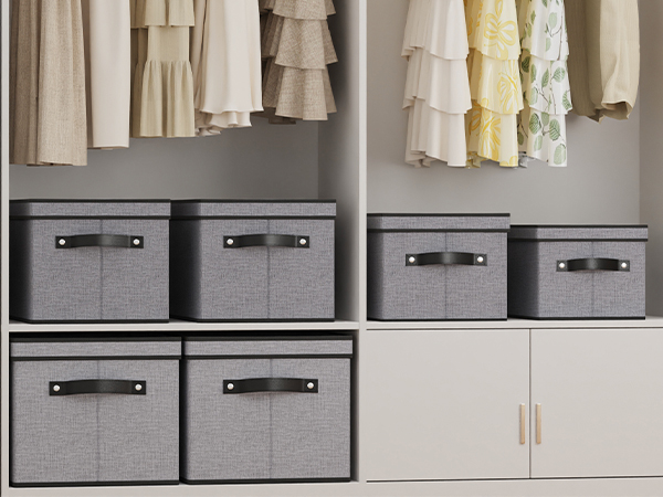 Organized closet storage system with multiple gray fabric drawers featuring black handles, arranged in rows against white wardrobe interior.