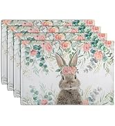 Wnoesat Easter Bunny Placemats Set of 4 Eucalyptus Leaves Rabbit Rose Place Mats 12x18 Inch Sprin...