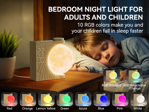 Bedroom night light with 10 RGB color options. Cube-shaped device emits warm glow. Child sleeping nearby. Color swatches show available hues: red, orange, yellow, green, blue, pink, white.