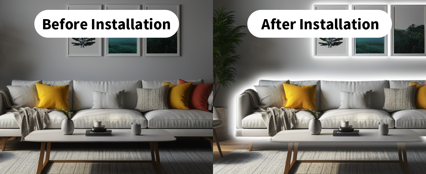 Before and after installation comparison of a living room, showing lighting difference with gray couch, yellow cushions, and wall-mounted fixtures.