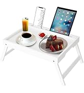 Bed Tray Table with Handles Folding Legs Bamboo Breakfast Food Tray with Media Slot for Platters,...