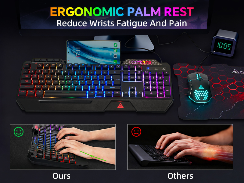 Ergonomic Gaming Keyboard and Mouse With Wrist Rest &amp;amp; Phone Holder for PC Gamer Xbox PS4/5