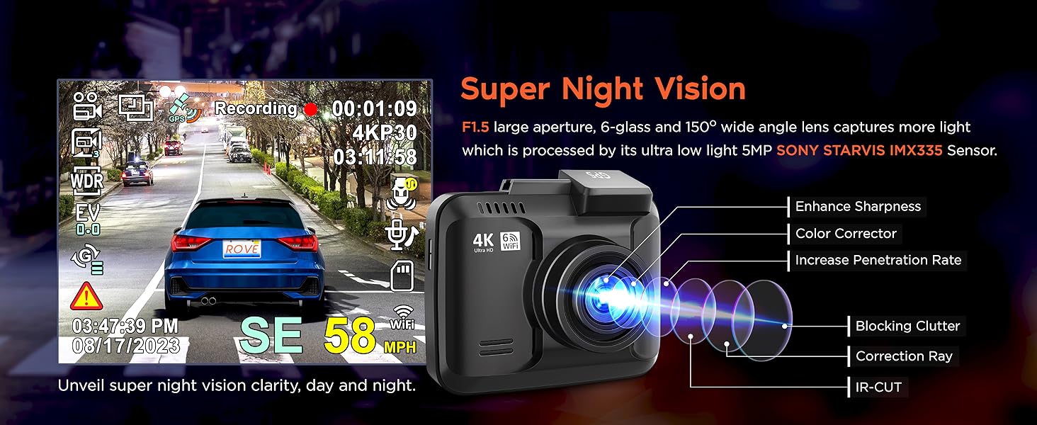 dash cam with night vision, wifi truck dash cam front and rear with super night vision technology