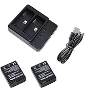 Camera battery charging kit with dual-slot charger, USB cable, and two rectangular lithium-ion batteries. Charger features LED indicators and USB connection for power.