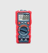Red and black digital multimeter with LCD display, rotary dial, and multiple measurement ports.