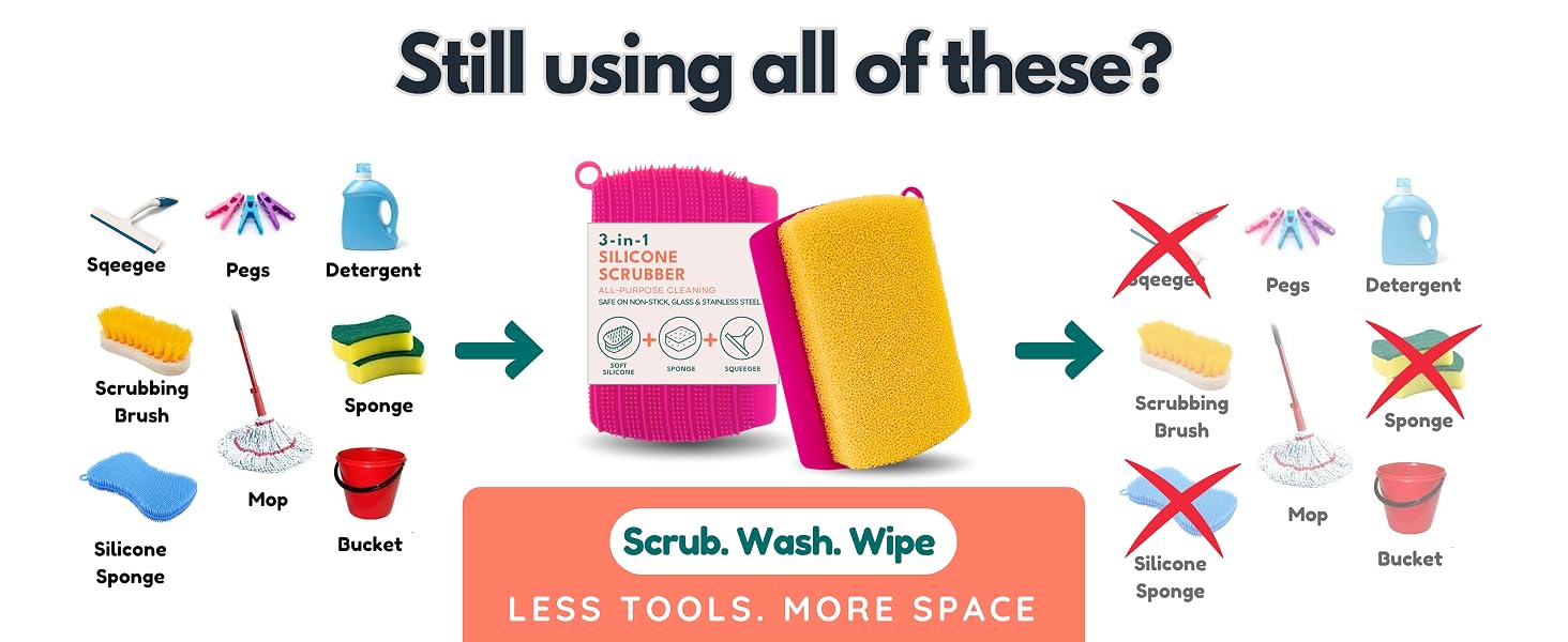3-in-1 silicone scrubber sponge replacing multiple cleaning tools with one compact cleaner