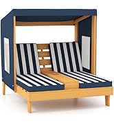 HONEY JOY Kids Chaise Lounge Chair Outdoor, Toddler Wood Double Pool Lounger Chairs w/Canopy, Cup...