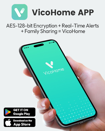 Smartphone displaying VicoHome app interface with teal background and white logo. Image shows app features: AES-128-bit encryption, real-time alerts, and family sharing. Download buttons for Google Play and App Store visible.