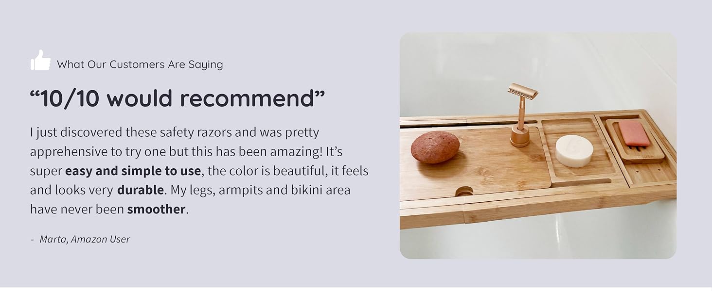 Wooden cutting board with knife and citrus fruit. Text overlay reads '10/10 would recommend' and highlights ease of use and durability.