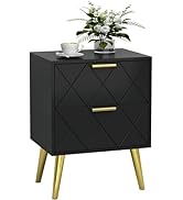 Nightstand with 2 Drawers Black Bedside Table, Side Table with Gold Legs, Modern Style Night Stan...