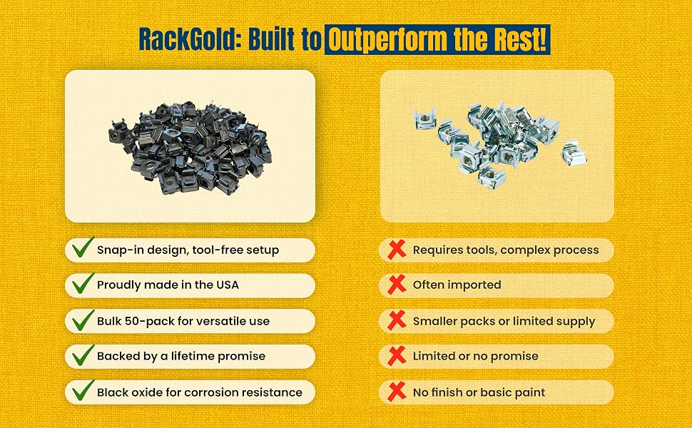 RackGold cage nuts black USA steel secure durable reliable sturdy equipment premium oxide strength.