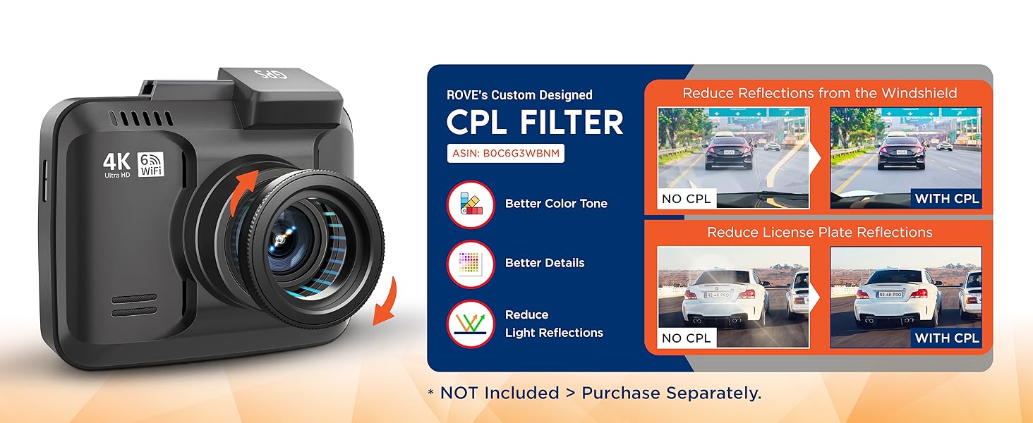 cpl filter for rove r2-4k dash cam, circular polarizer lens for glare reduction