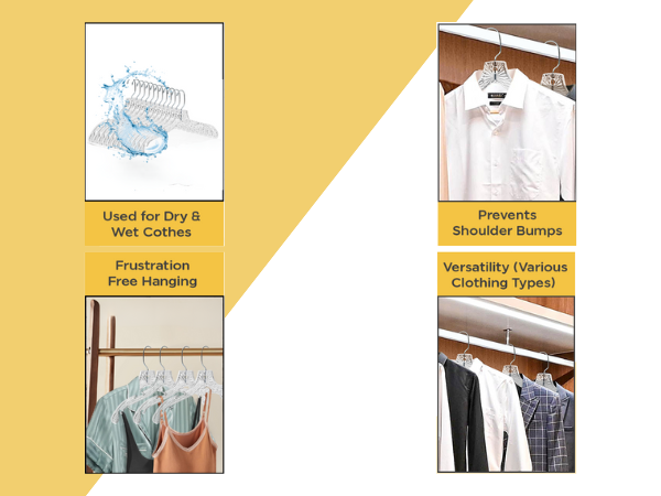 Clear plastic hangers used for dry and wet clothes prevent shoulder bumps suitable for all garments
