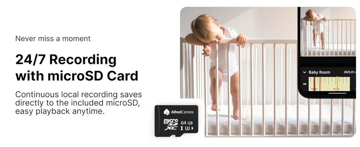 Baby in crib with AlfredCamera app showing 24/7 recording and playback using microSD card.