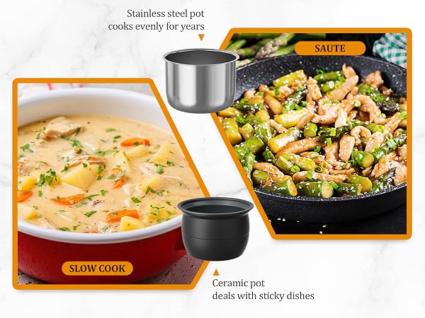 Ceramic pot conquers sticky disasters while stainless steel poy maintains perfect heat for decades