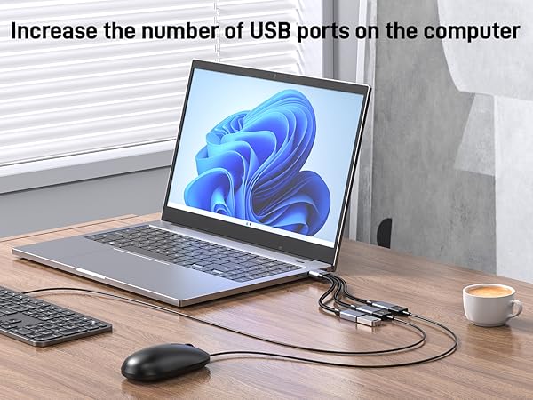 Text reads 'Increase the number of USB ports on the computer'. Multiple views of a USB hub connected to laptop, showing various devices plugged into the hub.
