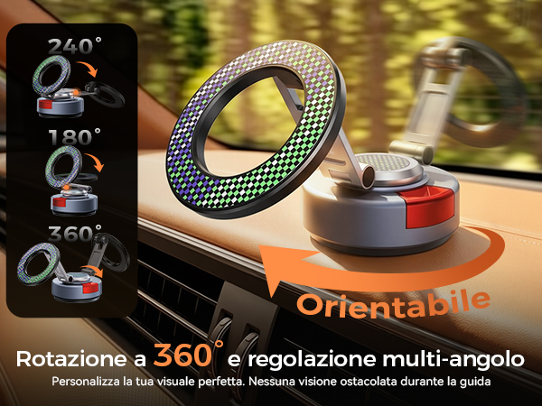 Text reads 'Rotazione a 360° e regolazione multi-angolo Personalizzati la tua visuale perfetta, Scegliere rotare opzionali Ognugi a paia' and 'OrientaL' and '5700X 5060TI'. Green mesh ring holder mounted on orange base with pot display, showing 360-degree rotation capability.