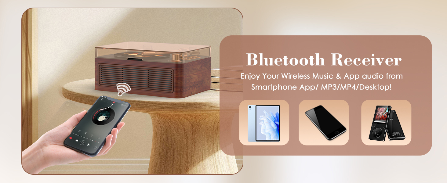 Text reads 'Bluetooth Receiver'. Product images showing a small electronic device with connection ports and control buttons, displayed with mobile devices and audio equipment.