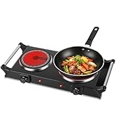 Electric Countertop Double Burner, 1800W Cooktop with Crystal Glass Hot Plate, 5-Level Stepless T...