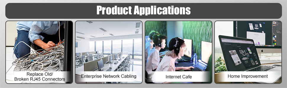 Four panels showing product applications: Outside Plant, Enterprise Network Cabling, Server Rack, and Home Improvement, with corresponding images.