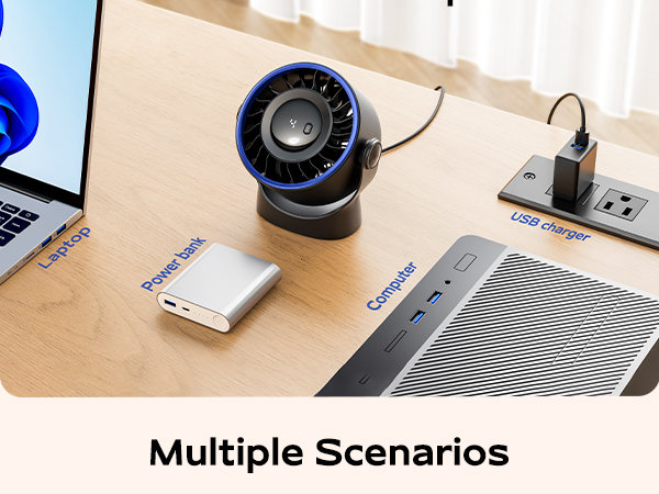 Text reads 'Multiple Scenarios'. Desktop setup with spherical blue webcam, laptop, and electronic devices connected to power strip on wooden surface.