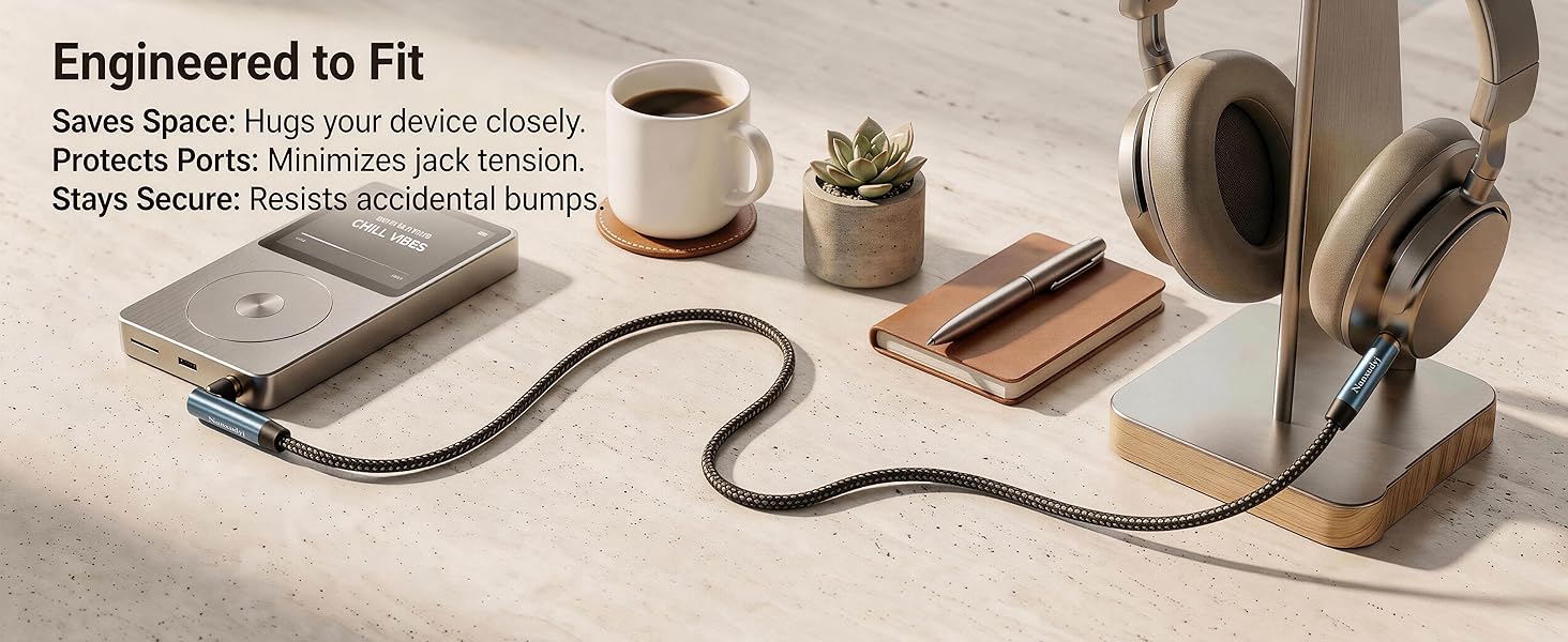 Portable music player connected to high end headphones using Nanxudyj 90 degree aux cord on a desk.