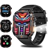 Military Smartwatch for Men, LED Flashlight Bluetooth Call IP68 Waterproof Heart Rate Blood Oxyge...