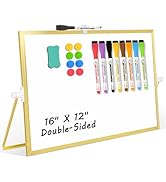AMUSIGHT Magnetic Dry Erase White Board, 16" x 12" Double-Sided Golden Aluminum Frame Desktop Whi...