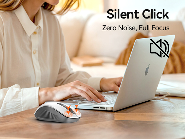 Text reads 'Silent Click' and 'Zero Noise, Full Focus'. Series of images showing laptop use at a desk, emphasizing quiet operation features.