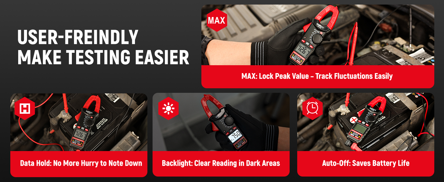 Text reads 'USER-FRIENDLY MAKE TESTING EASIER'. Red and black infographic showing three testing steps with icons and illustrations.
