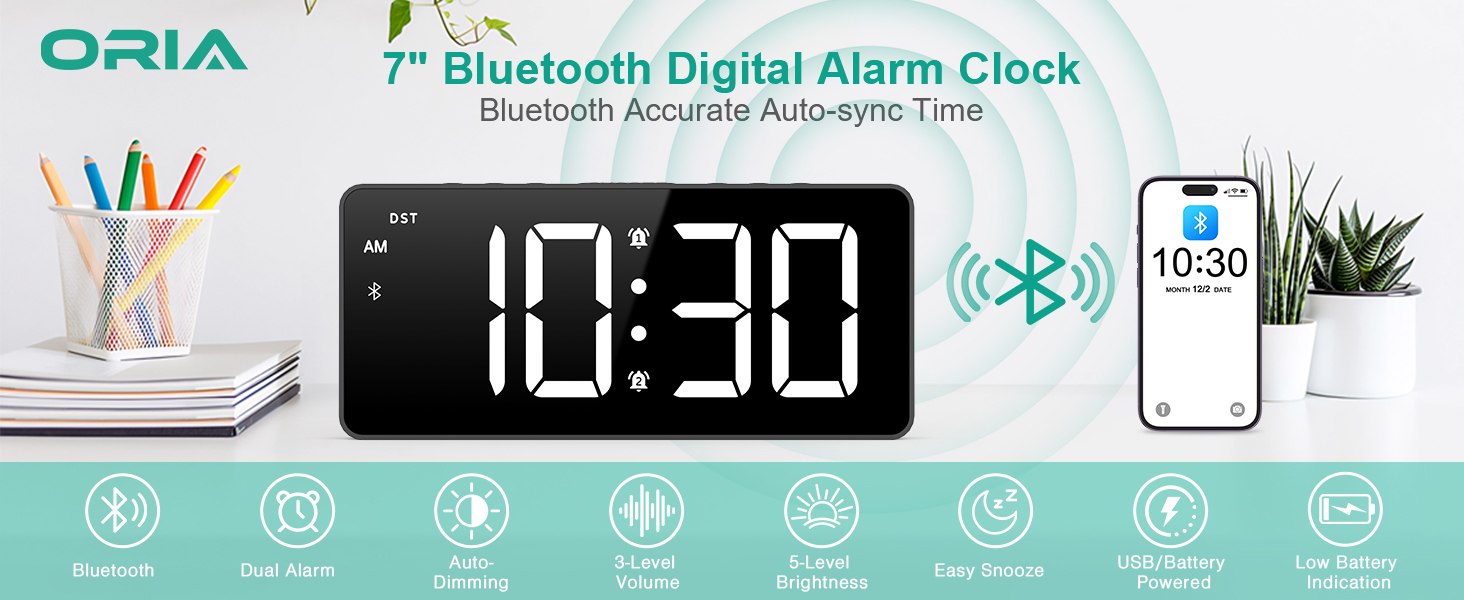 Digital Alarm Clock, LED Bedroom Clock with Bluetooth Sync Time