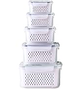 L 5 Pack Fridge Food Storage Container Set with Lids with Strainer,Plastic Fresh Produce Saver Ve...