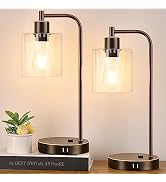 Industrial Touch Table Lamps Set of 2 - Bedside Lamps with 2 USB Ports &amp; AC Outlet, 3-Way Dimmabl...